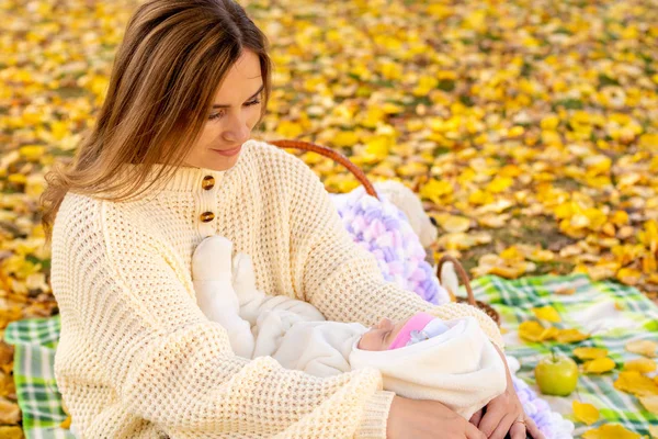 Mamá mira cariñosamente al bebé mientras se sienta a hacer un picnic en el parque —  Fotos de Stock