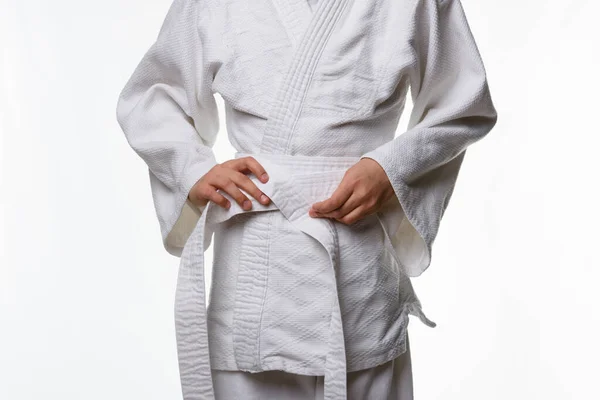 Fasi Corretta Legatura Della Cintura Parte Adolescente Kimono Sportivo Fase — Foto Stock