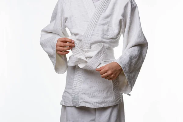 Stages Correct Tying Belt Teenager Sports Kimono Step Eight — Stock Photo, Image