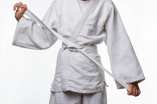 Fasi Corretta Legatura Della Cintura Parte Adolescente Kimono Sportivo Fase — Foto Stock