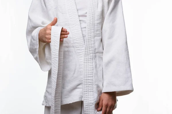 Fasi Corretta Legatura Della Cintura Parte Adolescente Kimono Sportivo Primo — Foto Stock