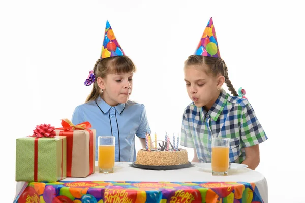 Children Blow Out Candles Birthday Cake — Stock Photo, Image