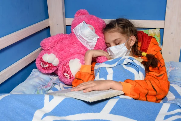 Sick Girl Medical Mask Fell Asleep Bed — Stock Photo, Image