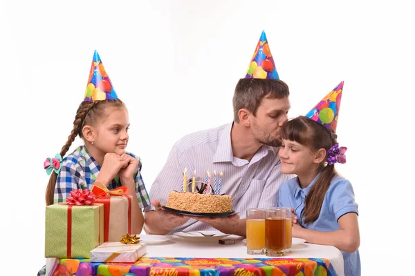 Dad Congratulates Daughter His Birthday Kisses Her — Stock Photo, Image