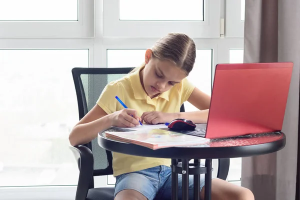 Ragazza Compiti Mentre Studia Distanza — Foto Stock