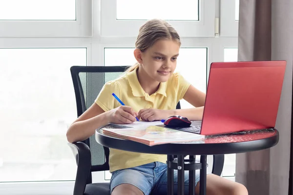 Girl Sitting Home Remotely Watching Virtual Lesson — Stock Photo, Image