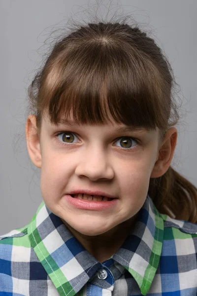Portrait Evil Ten Year Old Girl European Appearance Close — Stock Photo, Image