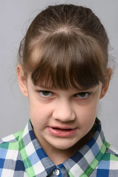 Portrait Angry Grin Ten Year Old Girl European Appearance Close — Stock Photo, Image
