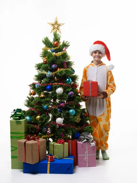 Uma Menina Está Com Presente Vermelho Perto Árvore Natal — Fotografia de Stock