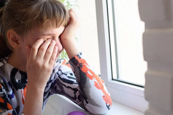 Offended Girl Cries Bitterly Window — Stock Photo, Image