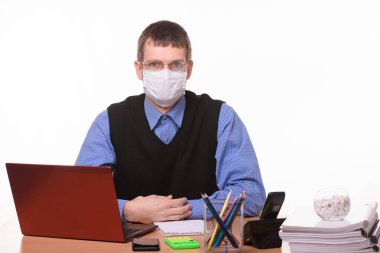 The office clerk from a medical mask sweats glasses clipart