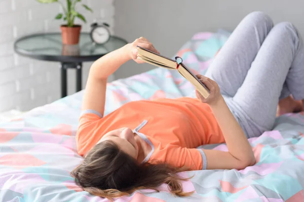 Girl Day Lies Home Bed Her Back Reads Book — Stock Photo, Image