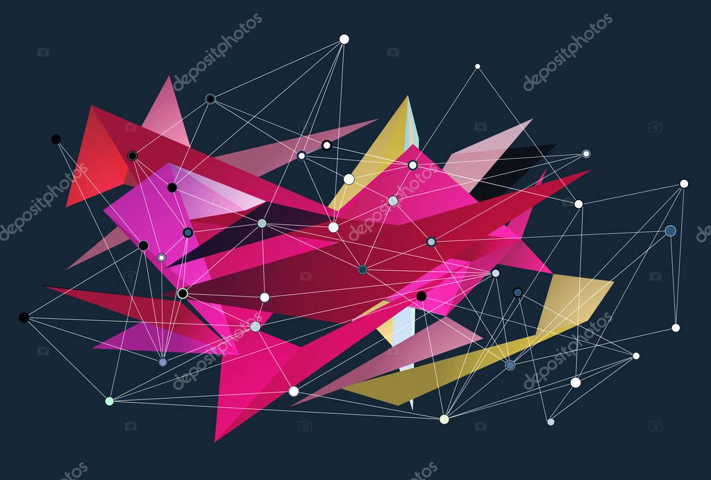 Abstract 3D triangles vector geometric background. Lines connected with dots, low polygon design