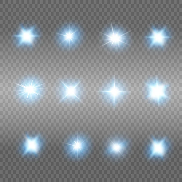 Efek cahaya biru menyala, suar lensa, ledakan, gemerlap, garis, sinar matahari, percikan dan bintang-bintang. Desain elemen efek khusus abstrak. - Stok Vektor