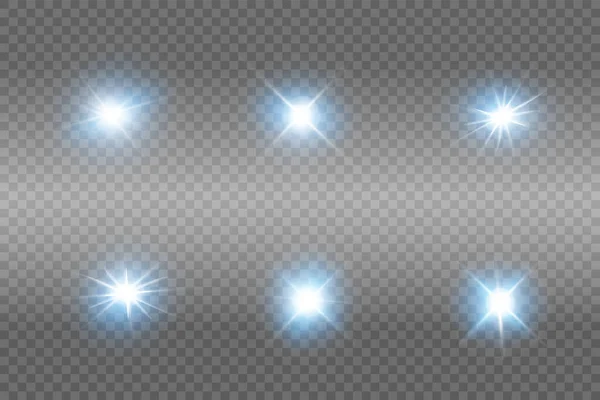 Glow blue light effect set, lens flare, explosie, glitter, lijn, zon flits, vonk en sterren. Abstract ontwerp van speciale effectelementen. — Stockvector