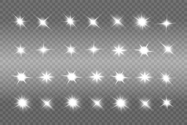 Beyaz parlayan ışık şeffaf bir arkaplanda patlar. Parlak sihirli toz parçacıkları. Parlak Yıldız. Vektör ışıltısı