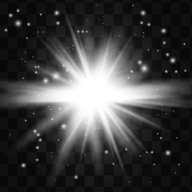 Parlayan ışıklar siyah arkaplanda izole edilmiş. Güneş ışınları ve spot ışıklarıyla parlıyor. Parlak ışık efekti. Parıltılı yıldız patlaması.