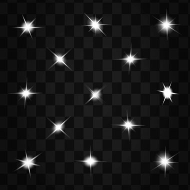 Parlayan ışıklar siyah arkaplanda izole edilmiş. Güneş ışınları ve spot ışıklarıyla parlıyor. Parlak ışık efekti. Parıltılı yıldız patlaması.