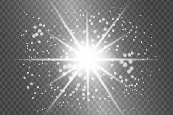 La luz blanca brillante explota sobre un fondo transparente. Partículas de polvo mágicas chispeantes. Estrella Brillante. Brilla vectorial — Vector de stock