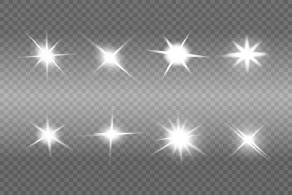 Λευκό λαμπερό φως εκρήγνυται σε ένα διαφανές φόντο. Λαμπερά μαγικά σωματίδια σκόνης. Λαμπρό αστέρι. Διάνυσμα αστράφτει — Διανυσματικό Αρχείο