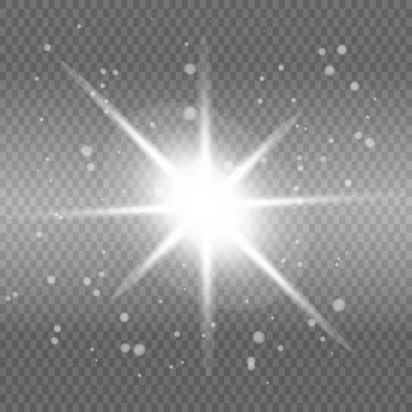 白く輝く光は、透明な背景で爆発します。スパークリング魔法の塵粒子。明るい星。ベクトル輝き — ストックベクタ