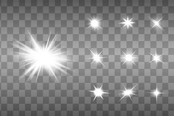 Біле сяюче світло вибухає на прозорому фоні. Ігристі магічні частинки пилу. Яскрава зірка. Векторні блискітки — стоковий вектор