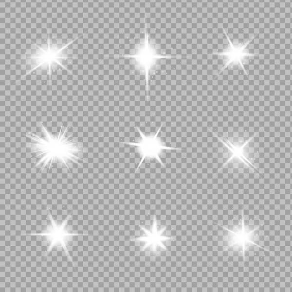 La luz blanca brillante explota sobre un fondo transparente. Partículas de polvo mágicas chispeantes. Estrella Brillante. Brilla vectorial — Archivo Imágenes Vectoriales