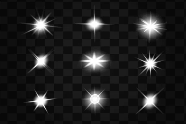 Efectos de luces brillantes aislados sobre fondo negro. El sol parpadea con rayos y focos. Efecto de luz brillante. Estallido de estrellas con destellos . — Archivo Imágenes Vectoriales