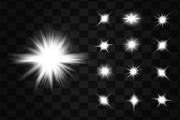 Des effets lumineux lumineux isolés sur fond noir. Flash solaire avec rayons et projecteurs. Effet lumineux. Étoile éclatante avec étincelles . — Image vectorielle