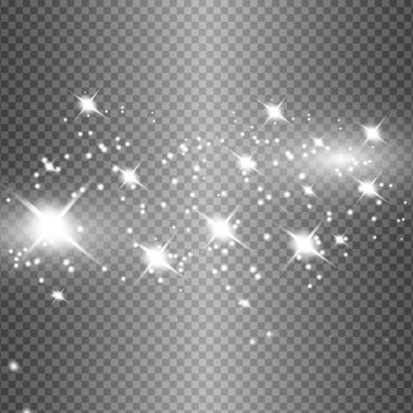 Şeffaf arkaplanda parlayan ışık efektleri izole edildi. Güneş ışınları ve spot ışıklarıyla parlıyor. Parlak ışık efekti. Parıltılı yıldız patlaması.