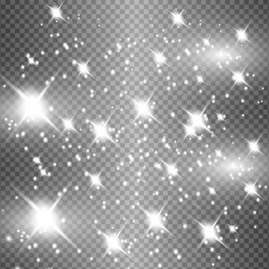 Şeffaf arkaplanda parlayan ışık efektleri izole edildi. Güneş ışınları ve spot ışıklarıyla parlıyor. Parlak ışık efekti. Parıltılı yıldız patlaması.