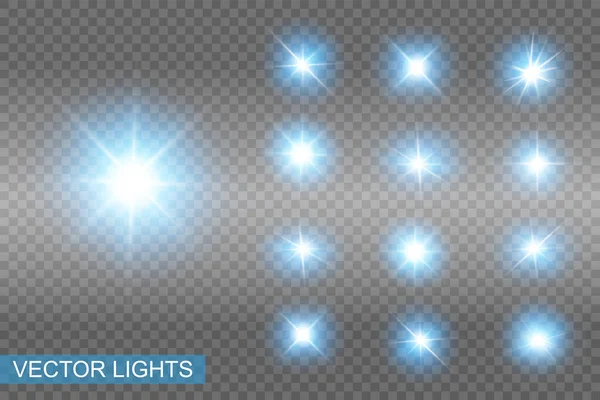 Set Effetti Luminosi Neon Vettoriale Luce Azzurra Esplode Stella Brillante — Vettoriale Stock