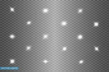 Beyaz parlayan ışık şeffaf bir arkaplanda patlar. Parlak sihirli toz parçacıkları. Parlak Yıldız. Şeffaf, parlak güneş. Vektör ışıltısı. Parlak bir ışıltı için