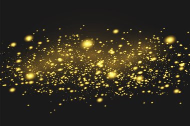 Parlak sihirli toz parçacıkları. Toz kıvılcımları ve altın yıldızlar özel ışıkla parlıyor. Siyah arkaplanda vektör parıldıyor.