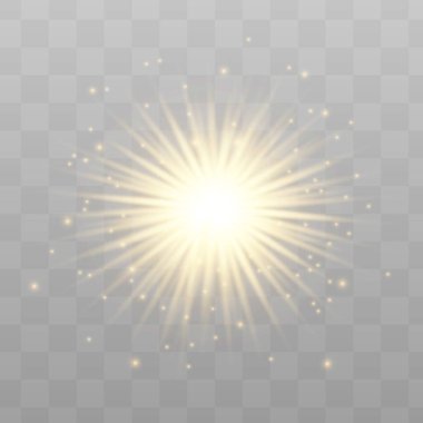 Sarı parlak ışık şeffaf bir arkaplanda patlar. Parlak sihirli toz parçacıkları. Parlak Yıldız. Şeffaf, parlak güneş. Vektör ışıltısı. Parlak bir ışıltı için