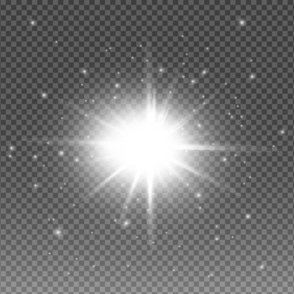 Белый светящийся свет взрывается на прозрачном фоне. Искрящиеся волшебные частицы пыли. Яркая звезда. Яркое яркое солнце, яркая вспышка. Векторные блески. В центре яркой вспышки