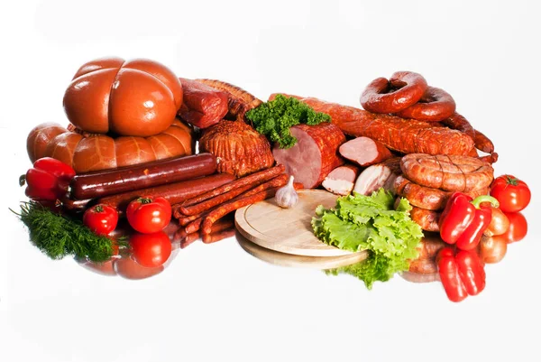 Hús, kolbász, kolbász, sonka, lazac — Stock Fotó