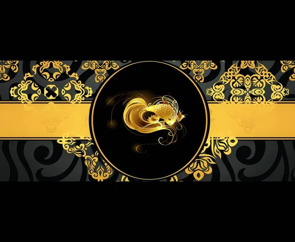 Goldfish on a black background in a gold circle