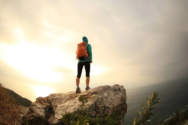 Hiker standing on mountain peak — Stock Photo, Image