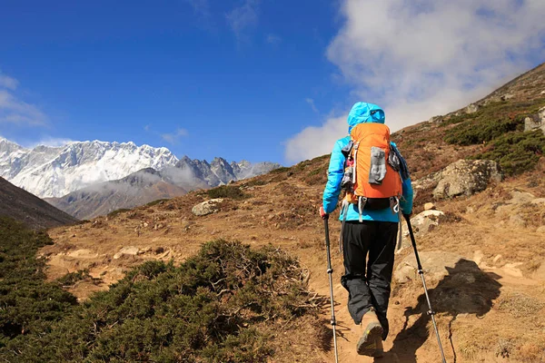 Unga kvinnliga backpacker trekking — Stockfoto