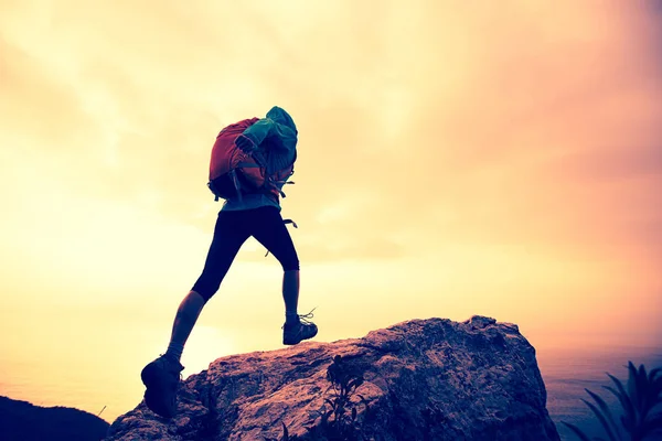 Hiker climbing on mountain peak — Stock Photo, Image