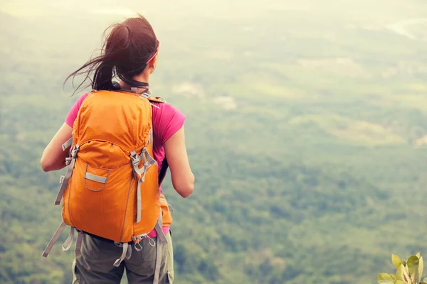 Female backpacker standing on mountain peak — Stock Photo, Image