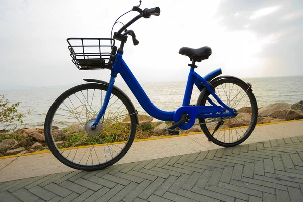 Bicicletta blu parcheggiata sul marciapiede — Foto Stock