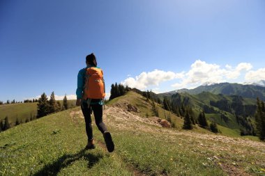 Genç kadın backpacker Hiking 