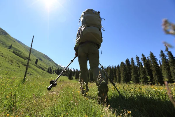 Jonge vrouw backpacker wandelen — Stockfoto