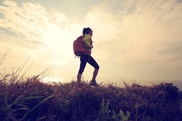 Junge Frau zu Fuß auf Berggipfel — Stockfoto