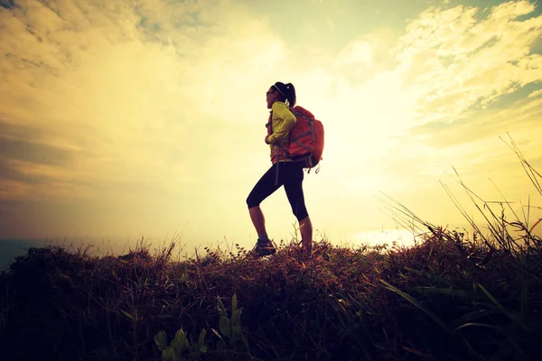 Mladá žena chůze na vrchol hory — Stock fotografie