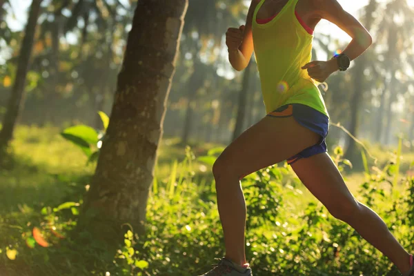 Mujer joven corriendo en el sendero del bosque —  Fotos de Stock