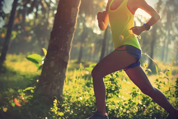 Mujer joven corriendo en el sendero del bosque — Foto de Stock