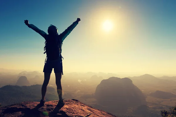 Mujer exitosa de pie en la cima de la montaña —  Fotos de Stock